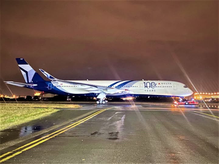 This image shows a Delta Air Lines aircraft with a special livery commemorating 100 years